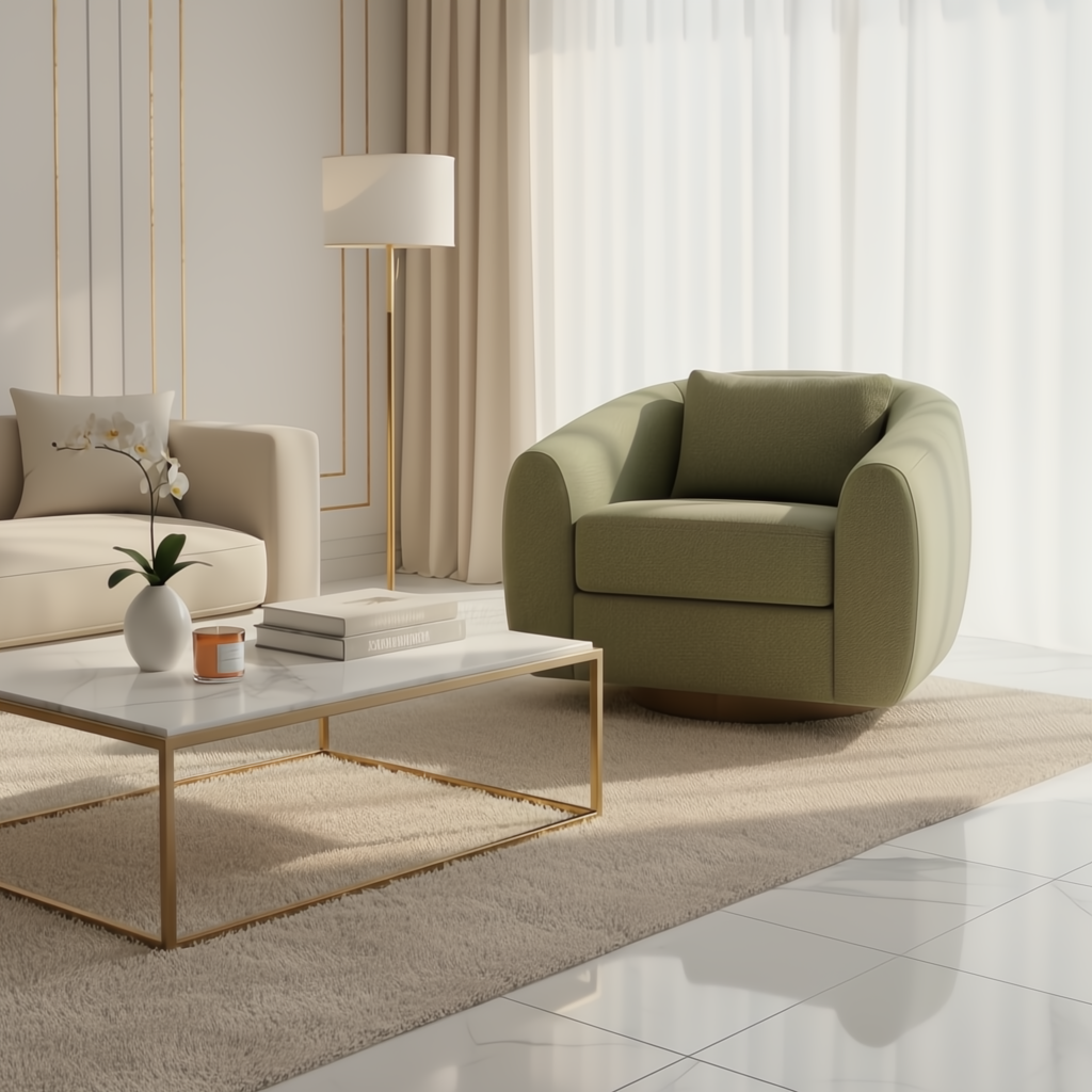 Surya Loma grass green upholstered swivel chair with a brown ash wood base in a modern living room.