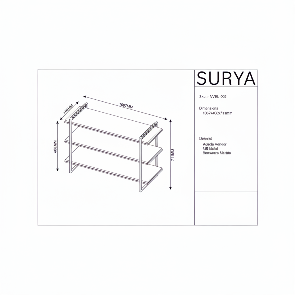 Surya Novelle Bookcase with white marble top, metallic bronze iron, stained acacia, and leather handles.