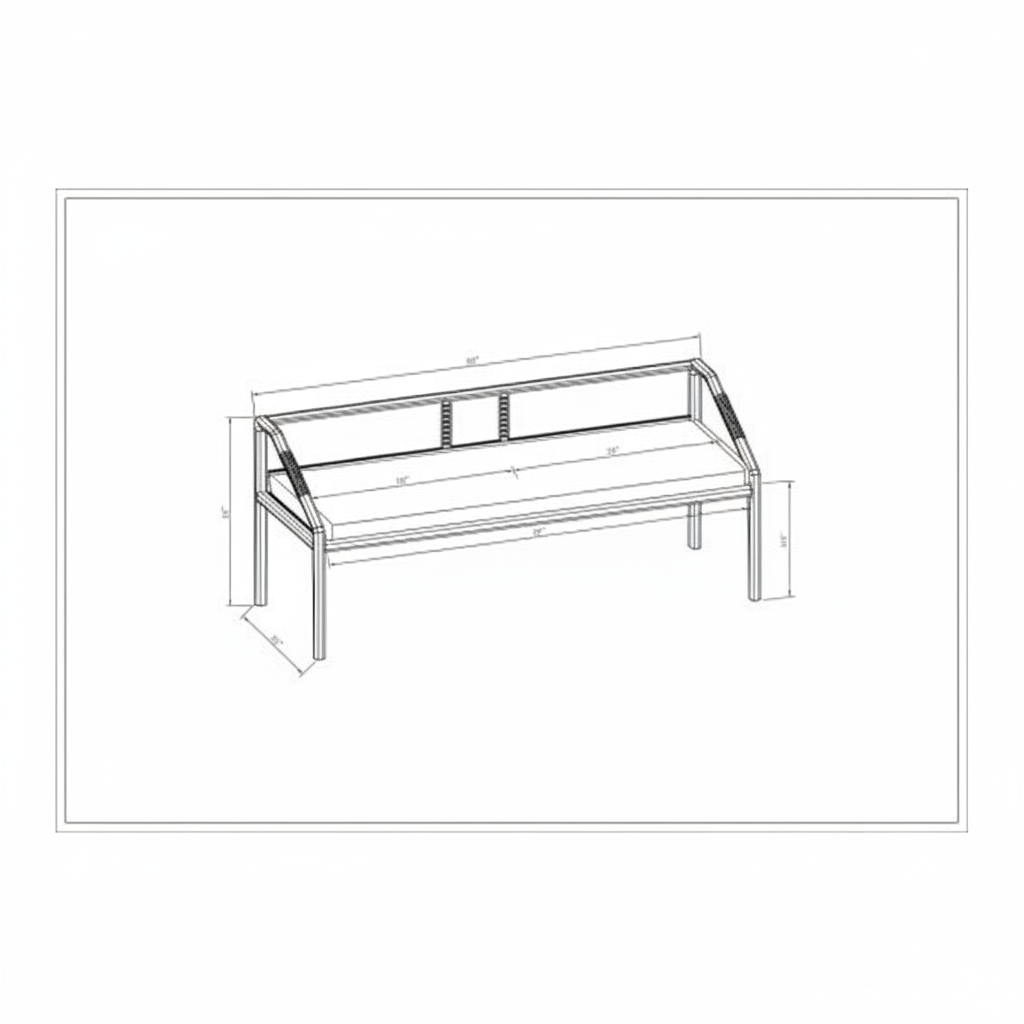 Line drawing of Surya Atra Bench with light beige upholstery, brown red oak base, and dimensions.