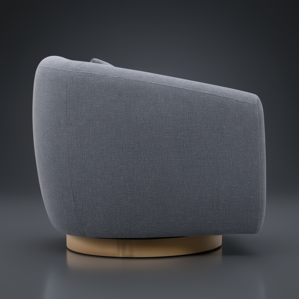 Surya Loma Swivel Chair, gray polyester/rayon upholstery, ash wood base, side view.