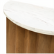 Surya Piestra demilune end table with white marble top and brown zigzag fluted mango wood base.
