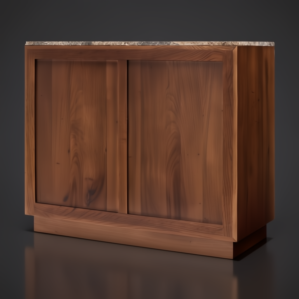 Brown mid-century modern Surya Skopa cabinet with marble top and white oak construction.