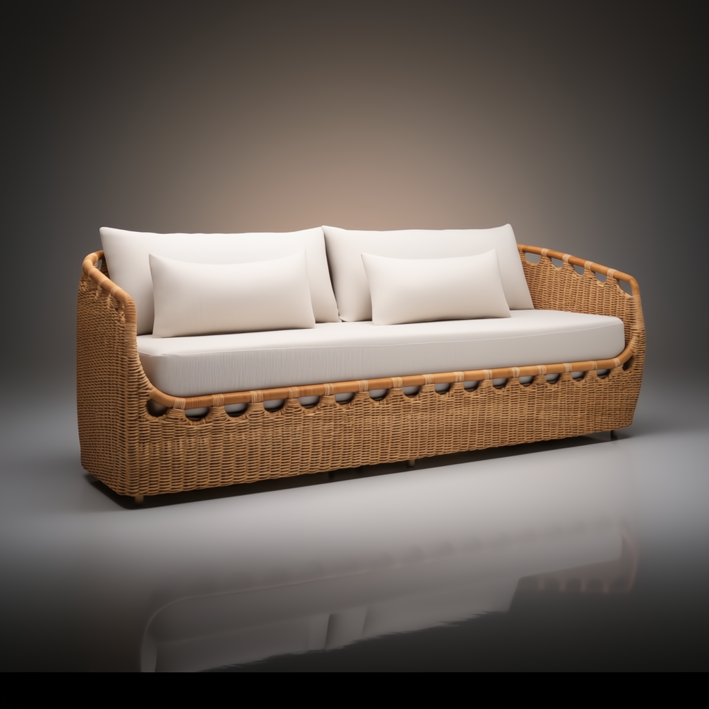 Marvella outdoor sofa with light brown wicker frame and white cushions.