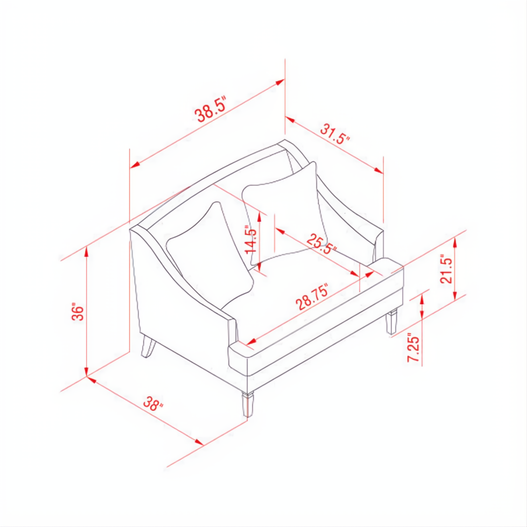 Diagram of Surya Maywood accent chair with light brown upholstery, dark brown base, and dimensions.