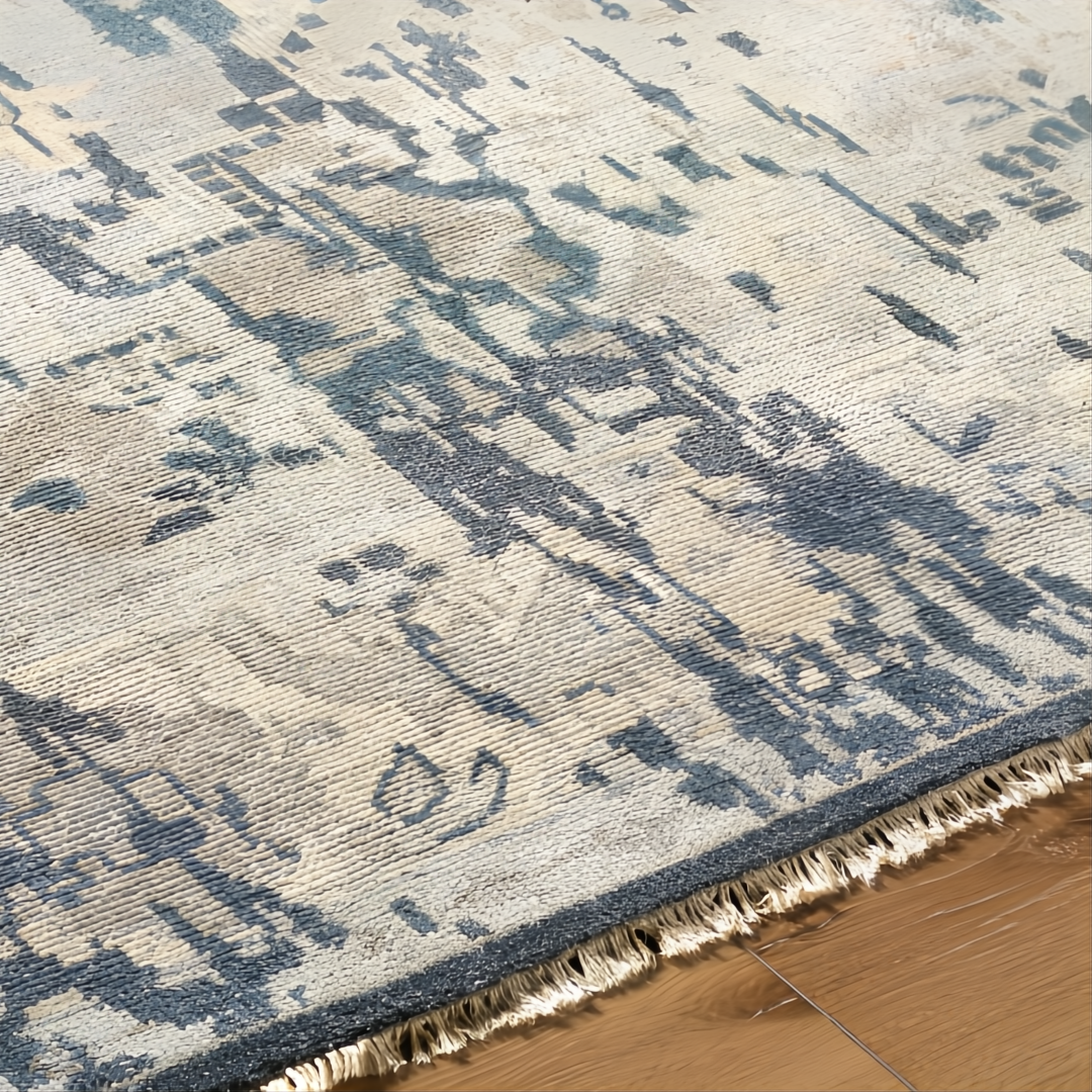 Hand-knotted wool area rug with traditional charcoal, wheat, and taupe design, low pile, and fringe.