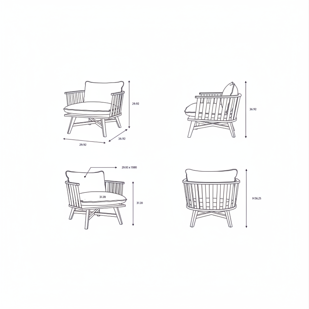Line drawings of the Surya Arco Accent Chair from four angles, showing its dimensions.