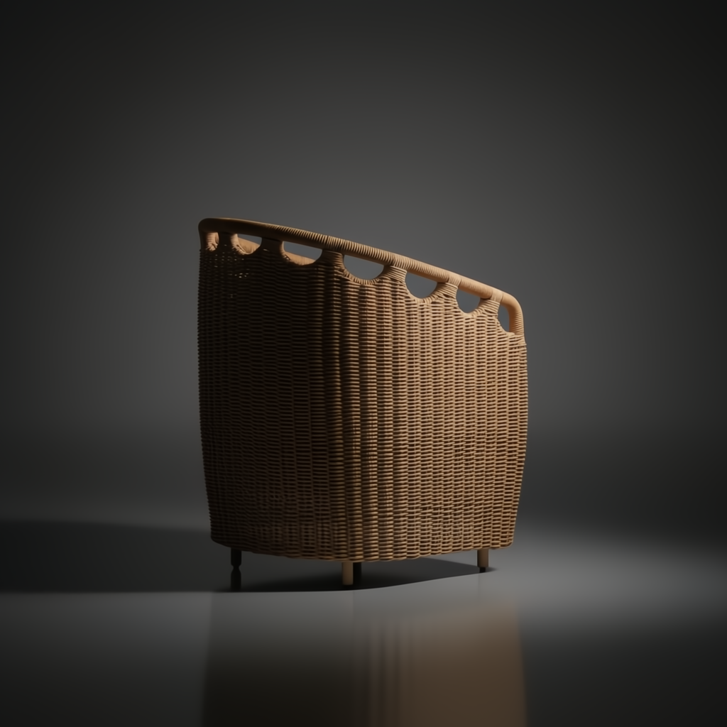 Surya Marvella Dining Chair, dark brown woven wicker with decorative scalloped top edge and light wood legs.
