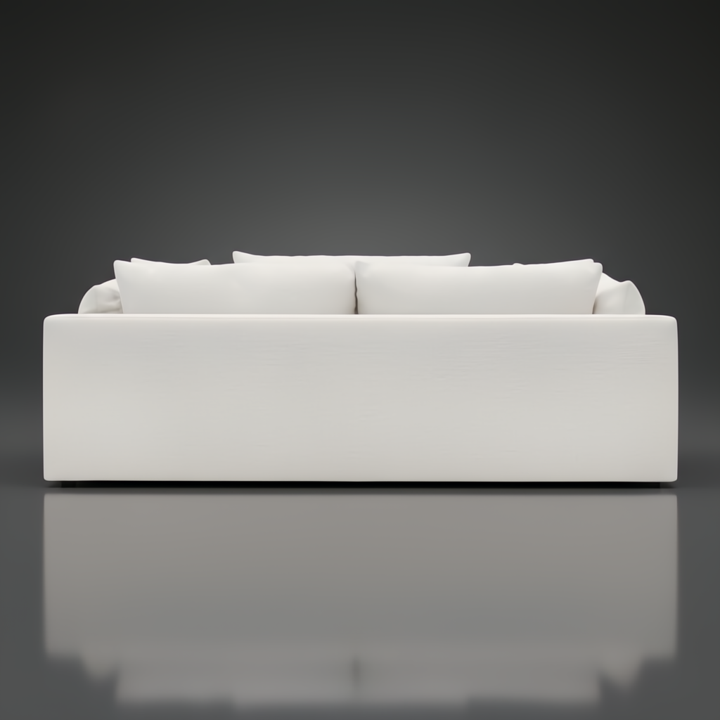Back view of a modern, off-white Surya Capitola sofa with polyester-linen upholstery and five pillows.