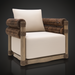 Surya Porta Swivel Chair with cream Sunbrella cushions, brown handwoven PE wicker, and a light wood base.