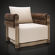 Surya Porta Swivel Chair with cream Sunbrella cushions, brown handwoven PE wicker, and a light wood base.