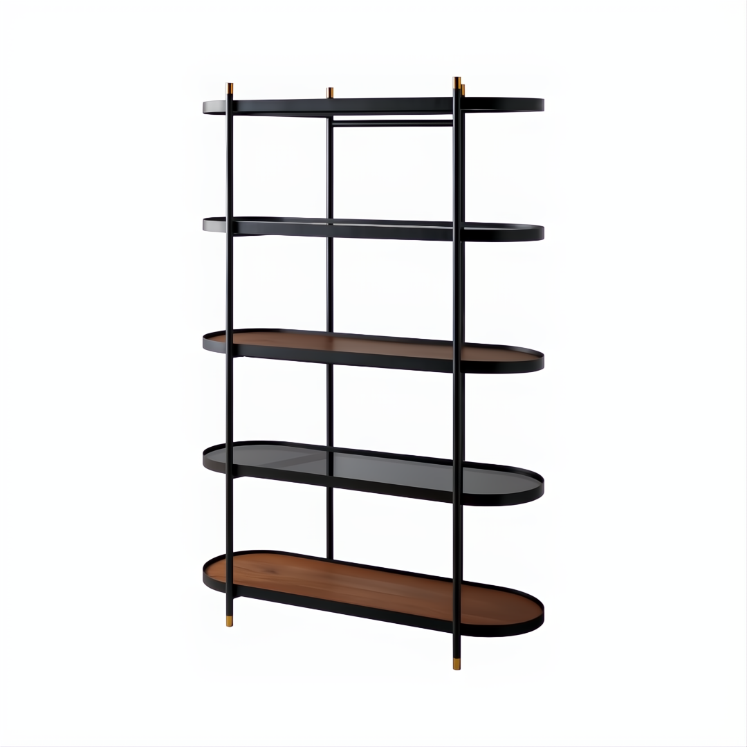 Modern Surya Pearson bookcase with black iron frame, dark brown walnut shelves, and smoked gray glass shelf.