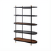 Modern Surya Pearson bookcase with black iron frame, dark brown walnut shelves, and smoked gray glass shelf.