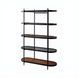 Modern Surya Pearson bookcase with black iron frame, dark brown walnut shelves, and smoked gray glass shelf.