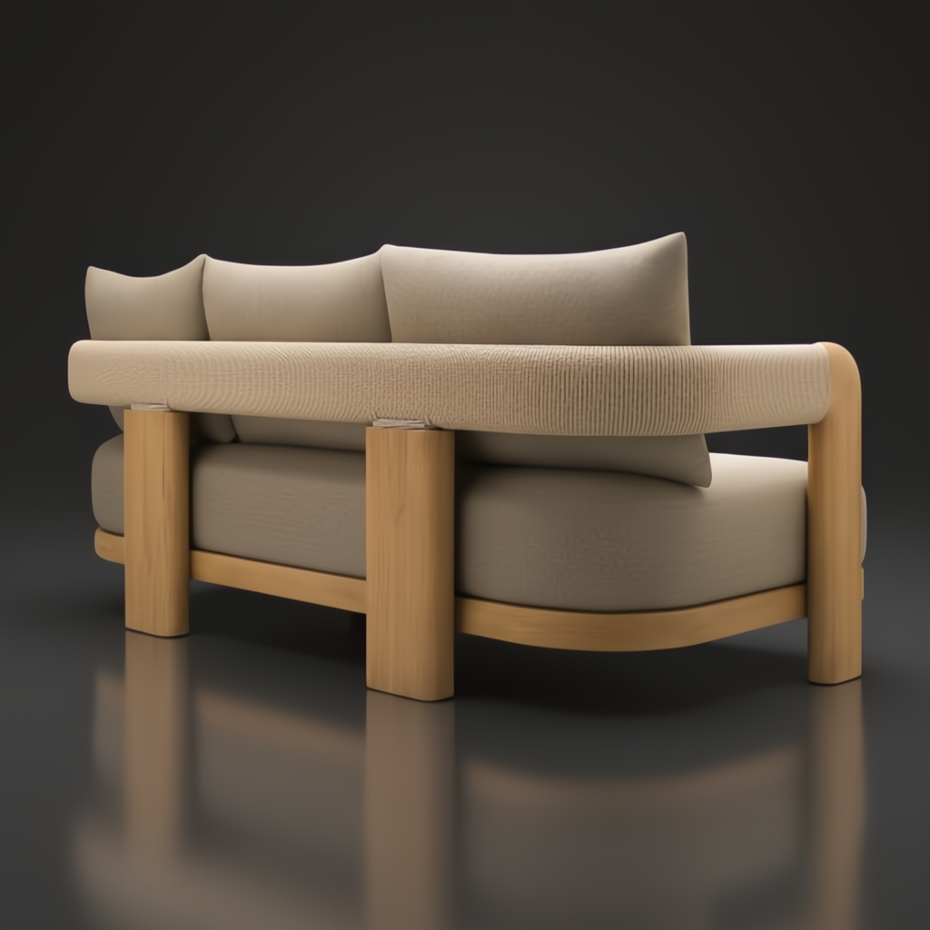 Surya Palma outdoor sofa with light beige Sunbrella upholstery, teak wood frame, and PE rope detail.