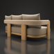 Surya Palma outdoor sofa with light beige Sunbrella upholstery, teak wood frame, and PE rope detail.