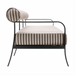 Surya Antibes outdoor sofa with brown and beige striped Sunbrella acrylic cushions on a black aluminum base.