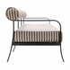 Surya Antibes outdoor sofa with brown and beige striped Sunbrella acrylic cushions on a black aluminum base.