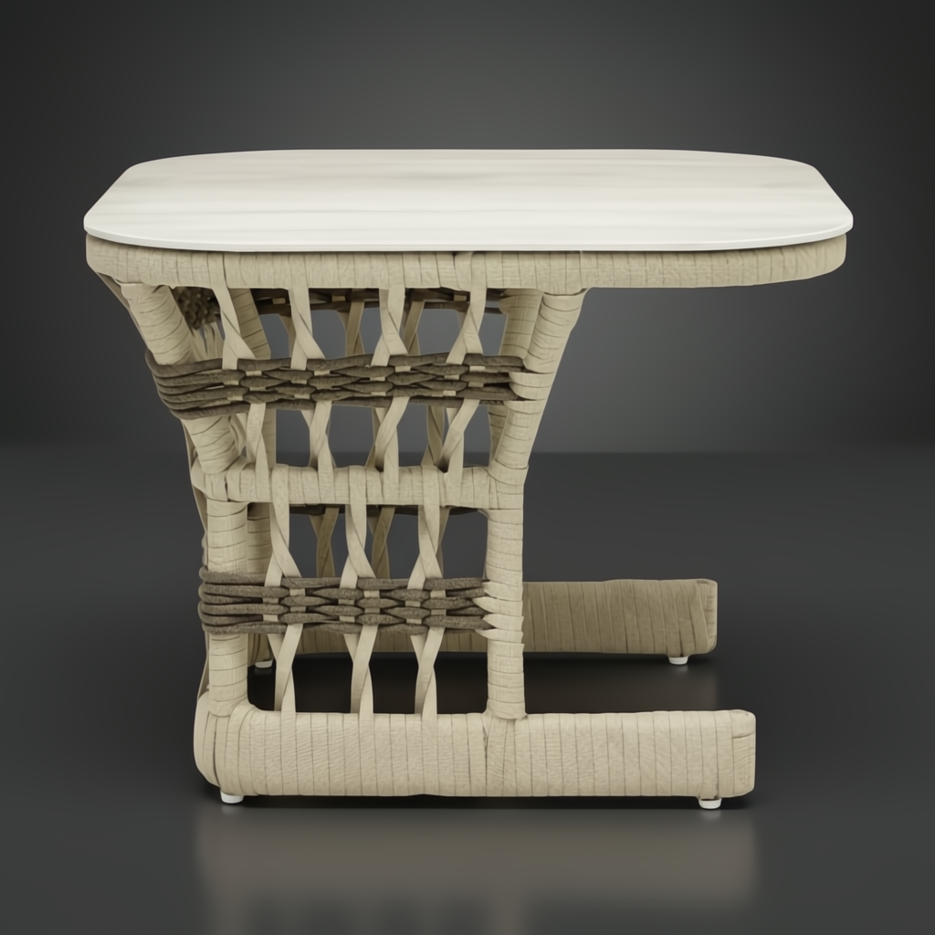 Cream Surya Winder outdoor end table with a powder-coated aluminum top and handwoven PE rope detail.