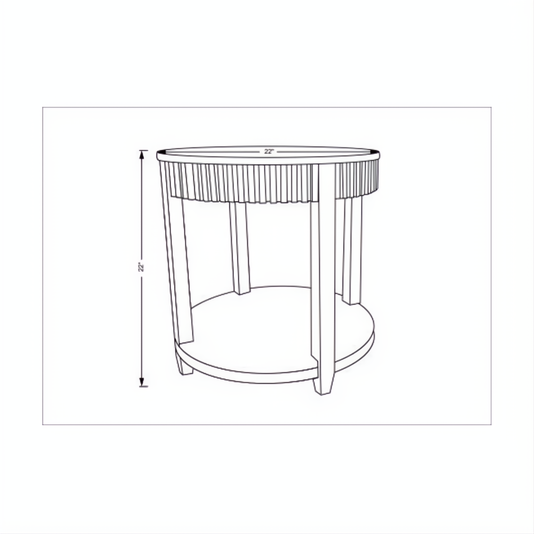 Line drawing of the Surya Rosemary End Table, a round table with fluted sides and a lower shelf, 22"H x 22"W.