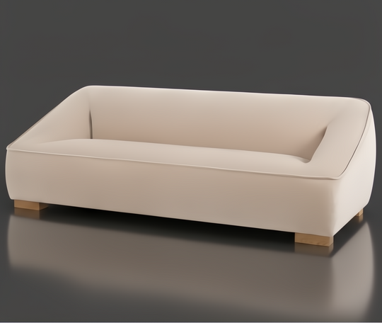 Beige Alba sofa with modern profile, polyester cover, and structured seating on wooden base.
