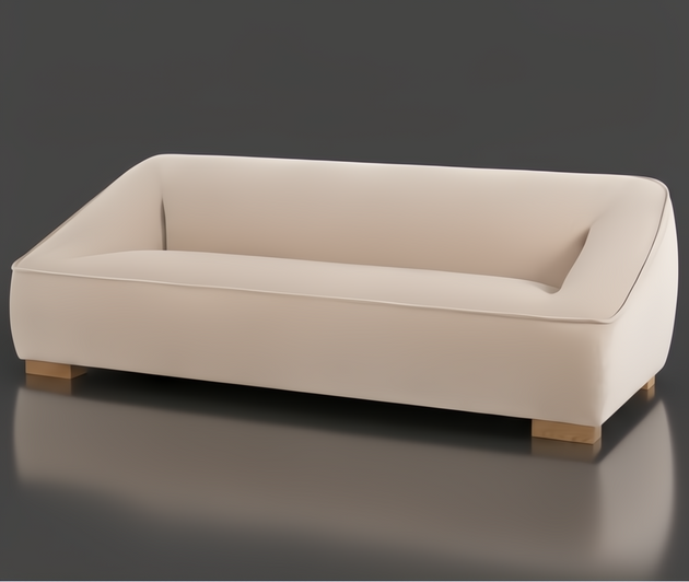 Beige Alba sofa with modern profile, polyester cover, and structured seating on wooden base.