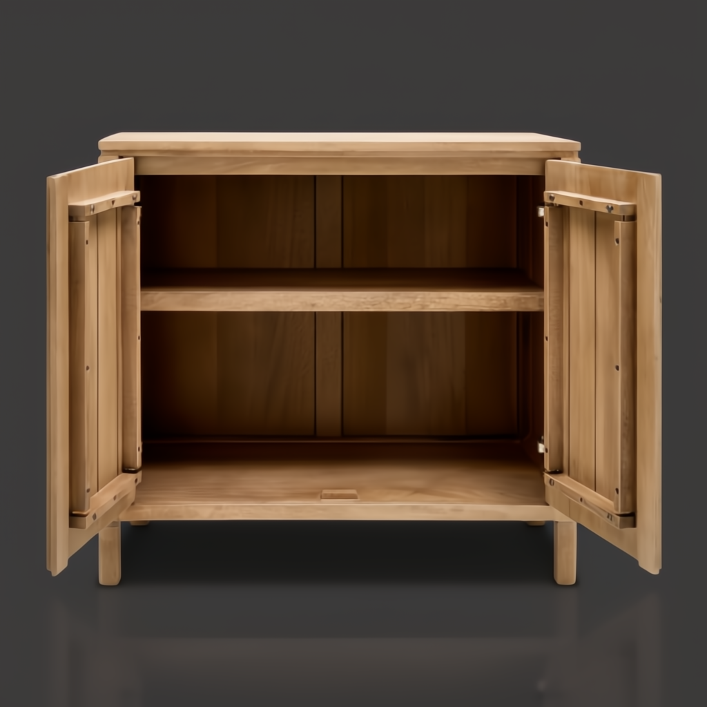 Surya Silas Cabinet: Scandinavian modern brown stained mango wood storage cabinet with open doors and shelf.