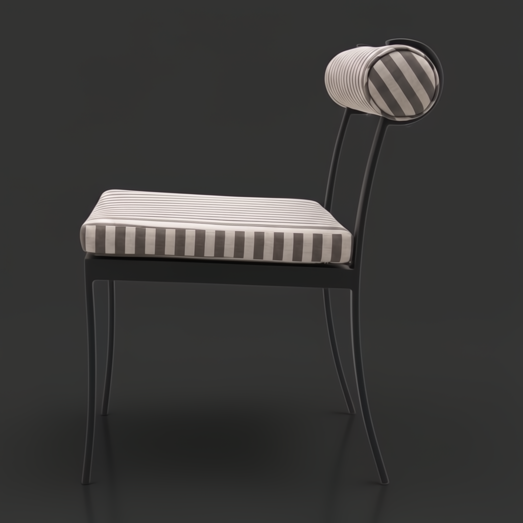 Surya Antibes outdoor dining chair with black powder-coated aluminum base and striped Sunbrella cushions.