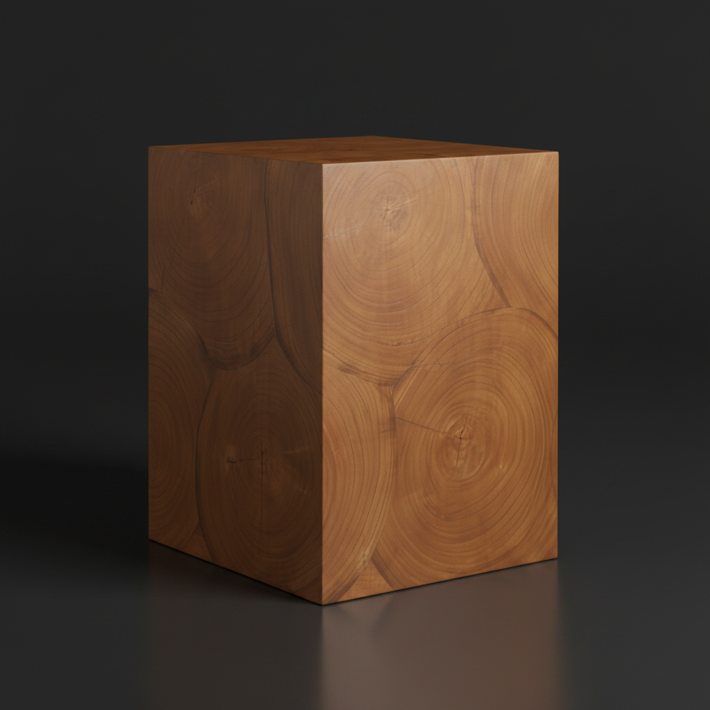 Surya Brax end table, a compact brown lacquered acacia wood block with visible wood grain.