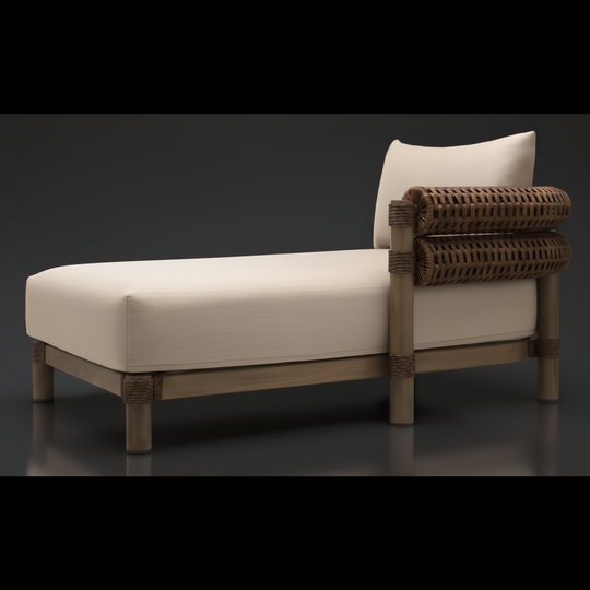 Brown Surya Porta outdoor sectional left arm chaise with beige Sunbrella cushion and woven armrest.