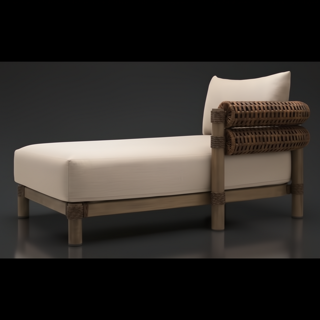 Brown Surya Porta outdoor sectional left arm chaise with beige Sunbrella cushion and woven armrest.