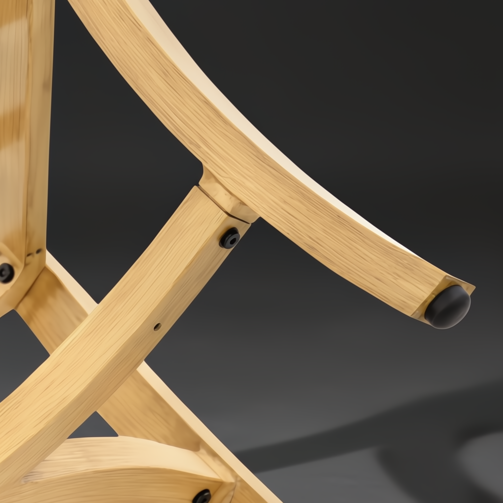 Close-up of a light wood-colored furniture leg with a black foot pad, showing curved and straight elements.