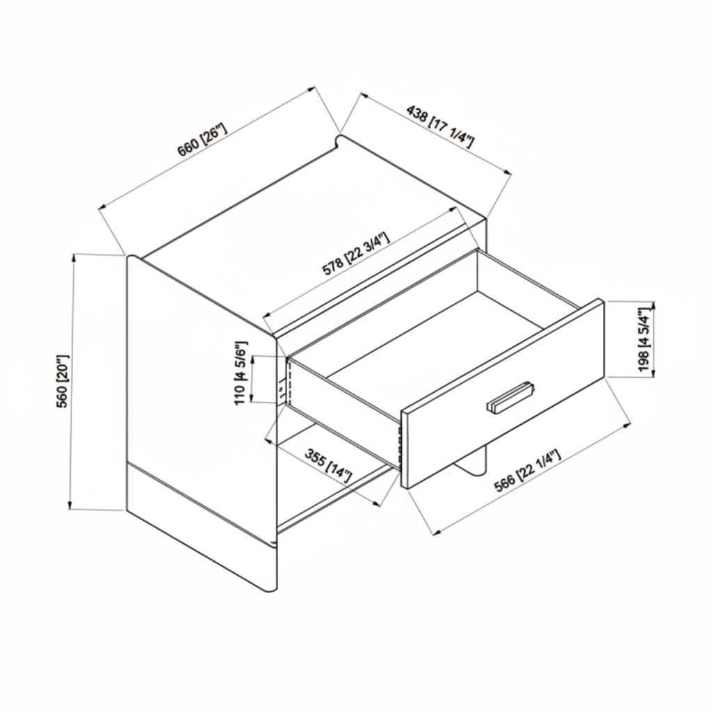 Technical drawing of the Bodo Nightstand with dimensions, showing the open drawer and compact profile.