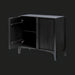 Black mango wood Surya Ronan Cabinet with one door open, revealing an adjustable shelf and soft-close hinges.