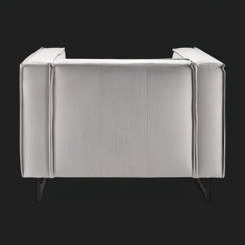 Surya Dylan Accent Chair, modern light gray linen with black iron base, front view.