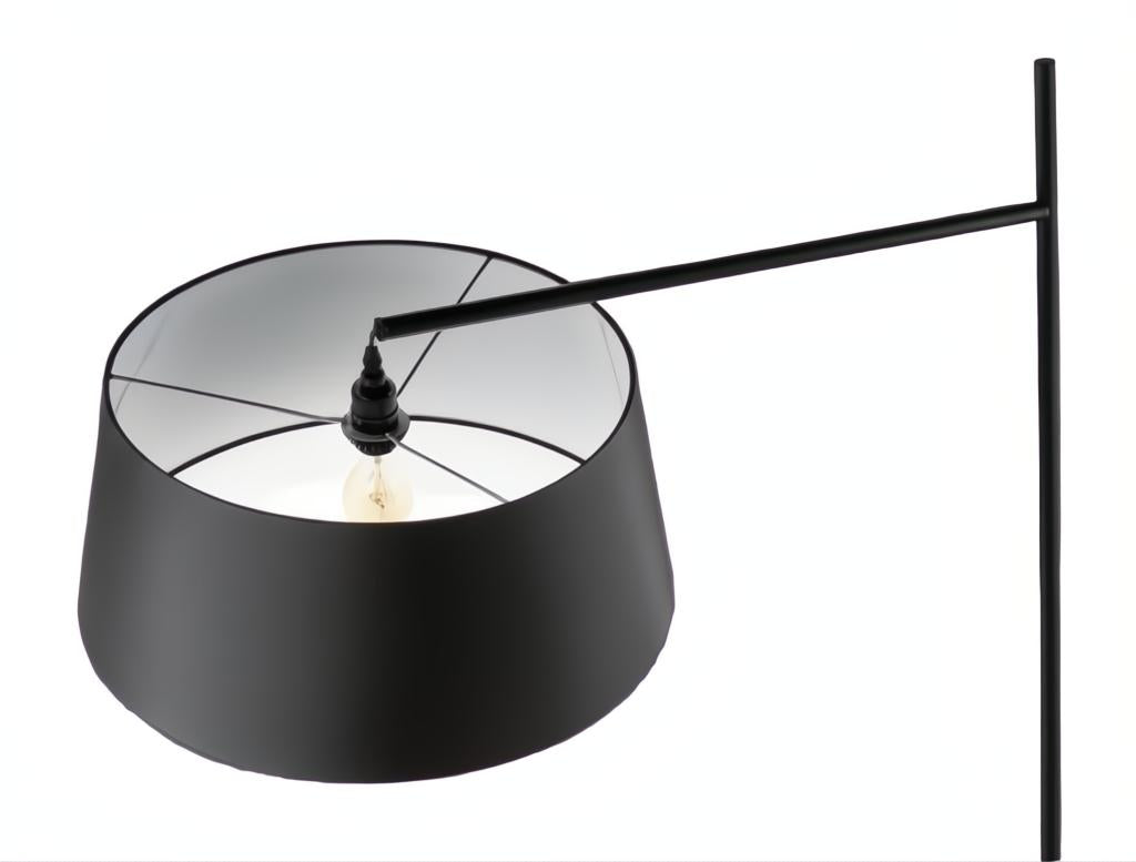 Astro Accent Floor Lamp by Surya, featuring a tall black iron and polyester sculptural design with a wide shade.