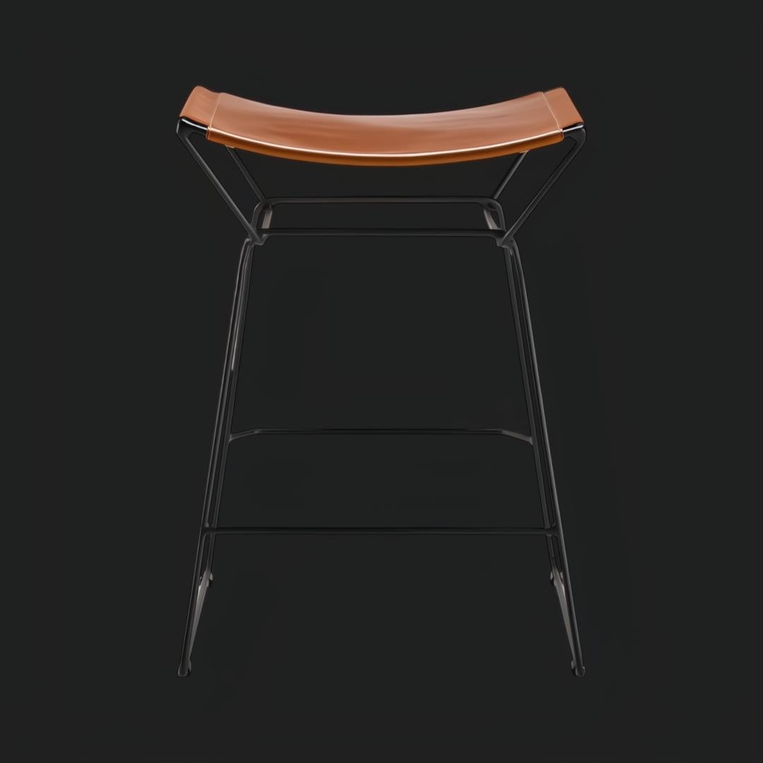Surya Celerio brown lacquered leather counter stool with gray powder-coated iron base, 25"H.