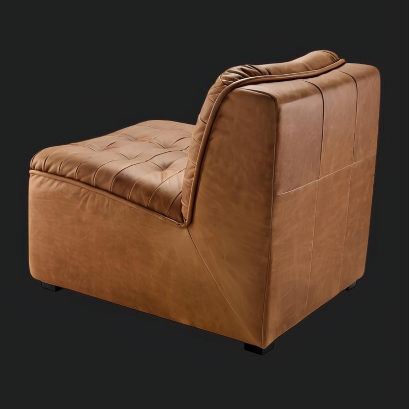 Surya Oryan RYAN-001 modular chair with brown leather upholstery, tufted seat, and black rubber wood base.
