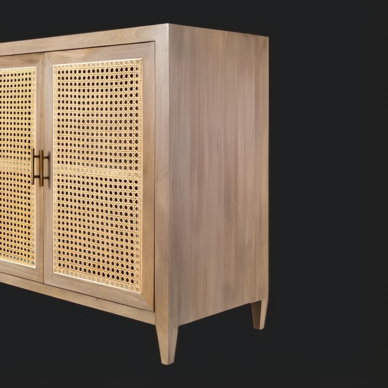 Modern brown and tan mango wood sideboard with rattan doors and brass handles.