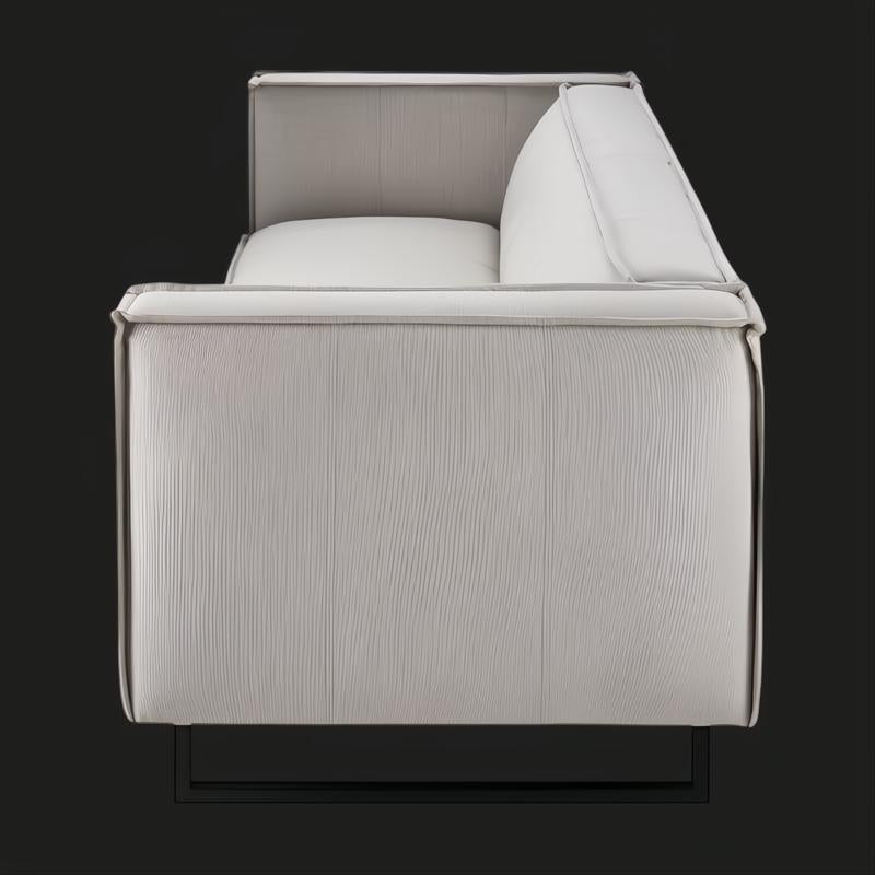 Light gray linen Surya Dylan sofa with a modern design and black iron base.