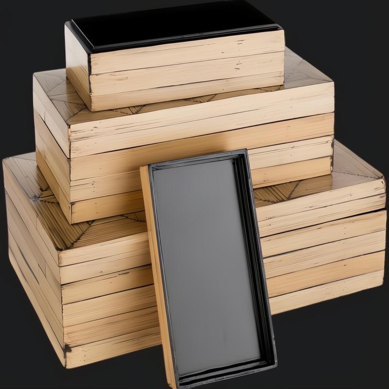 Surya Cane Garden decorative box set: three natural bamboo and dark brown hand-painted wood boxes, stacked.