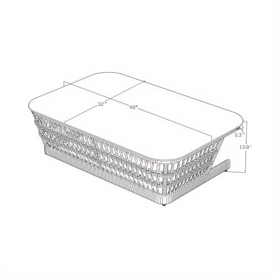 Cream powder-coated aluminum coffee table with handwoven PE rope detail and rectangular 48-inch profile.