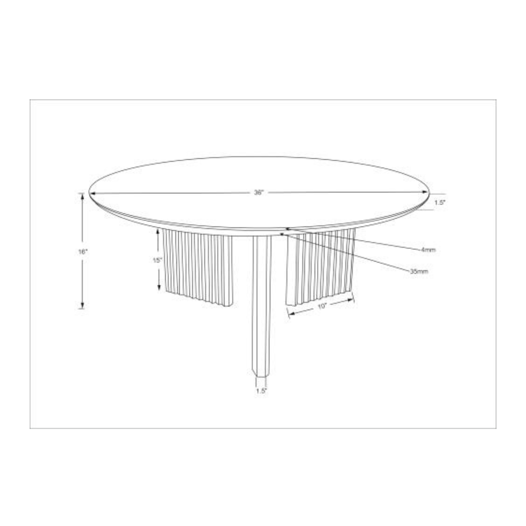 Technical drawing of the Surya Agnes AGNE-001 round brown mango wood coffee table with zigzag fluted legs.