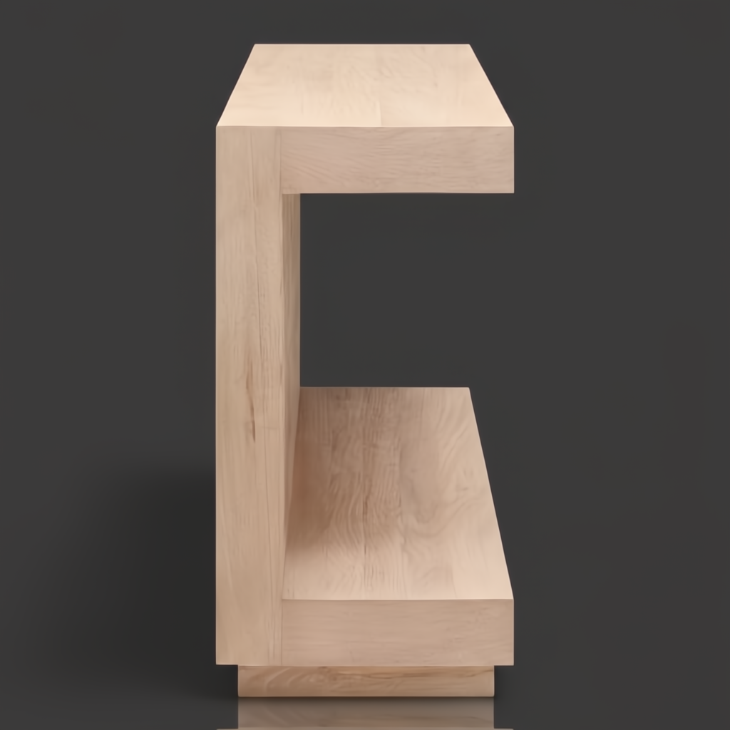 Surya Coburn minimalist modern console table in natural lacquered mango wood with a plinth base.