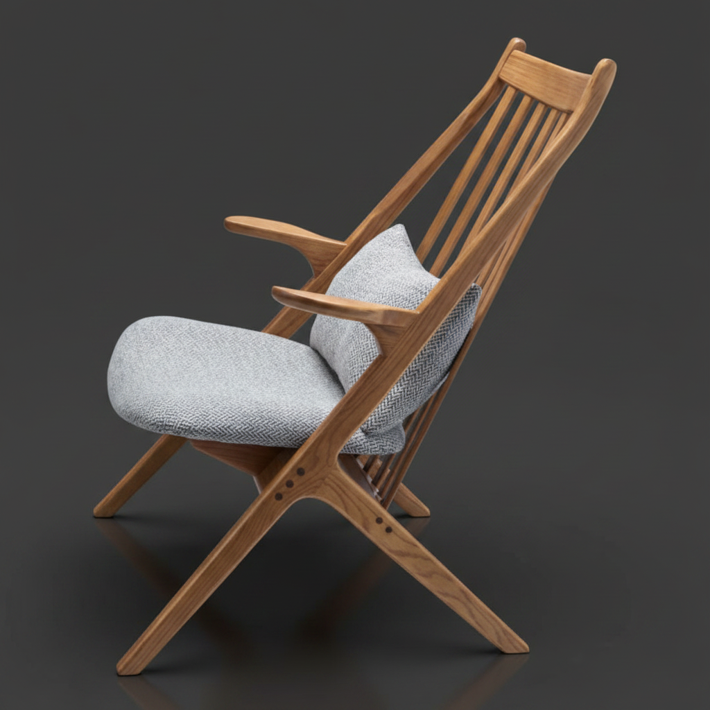 Surya Acworth accent chair with light wood frame, slatted back, and medium gray polypropylene cushions.