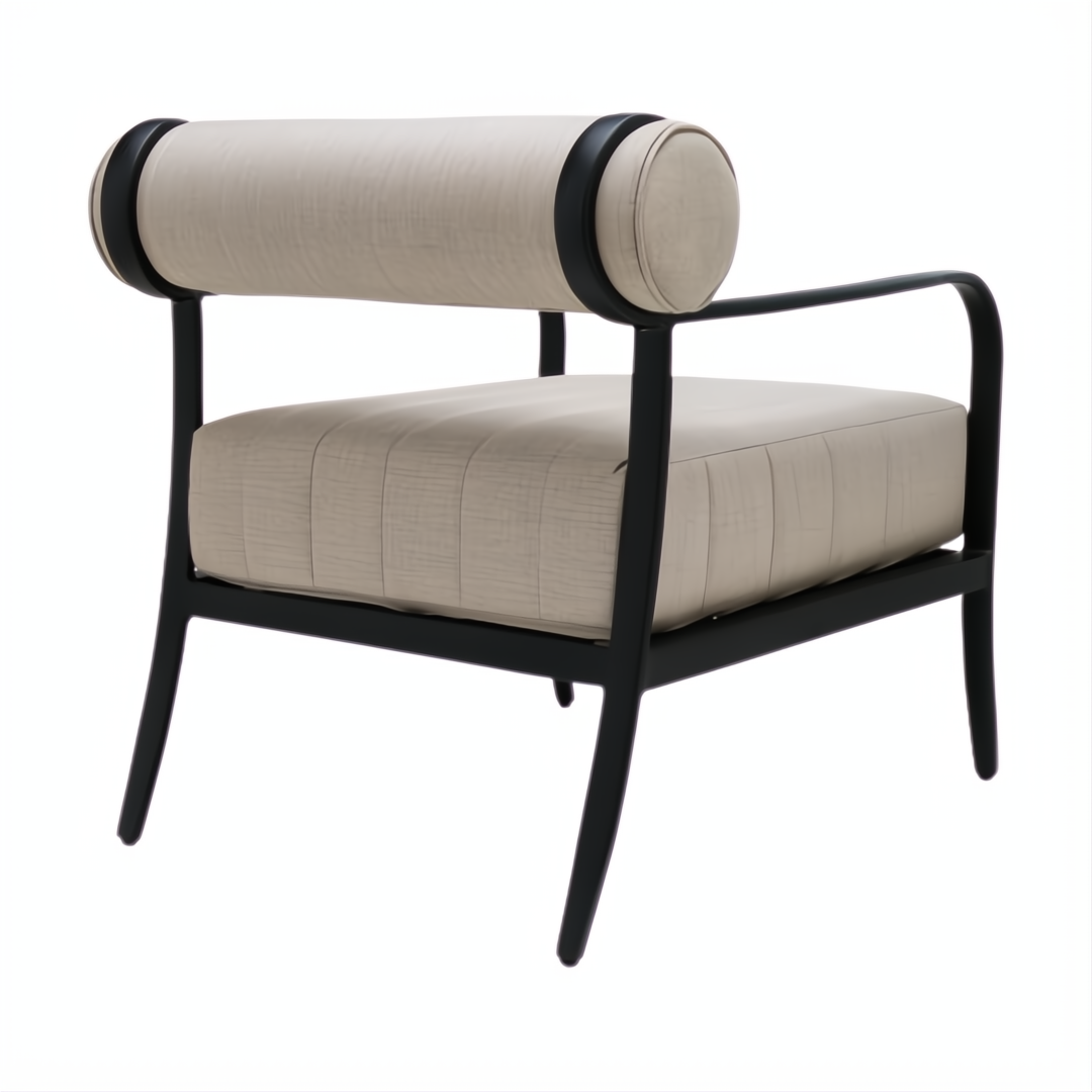 Surya Antibes outdoor accent chair with beige Sunbrella fabric and black aluminum frame.
