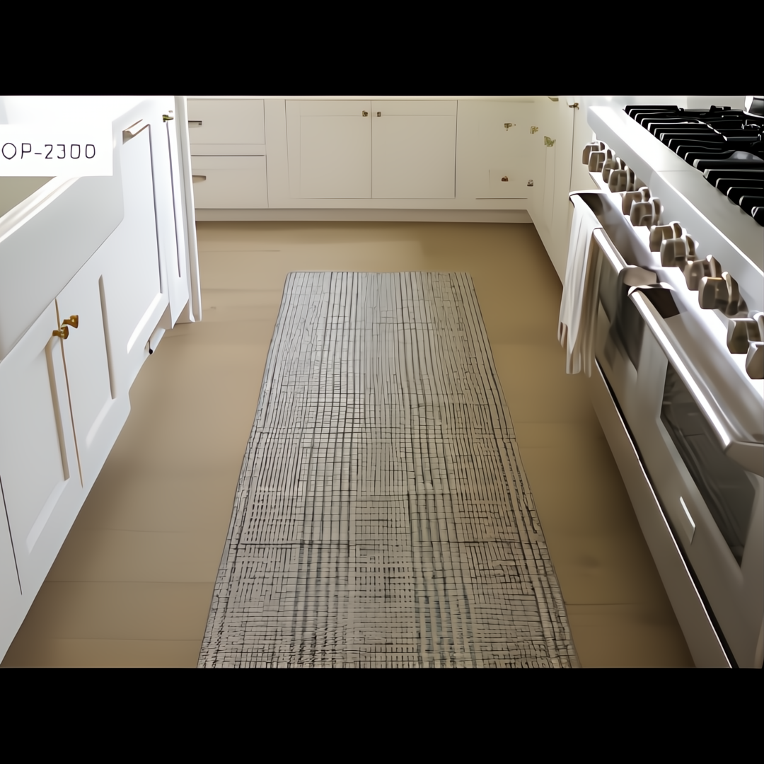 Surya Hope HOP-2300-P runner rug, hand-loomed from recycled PET yarn, with a multi-tone neutral pattern in a modern kitchen.