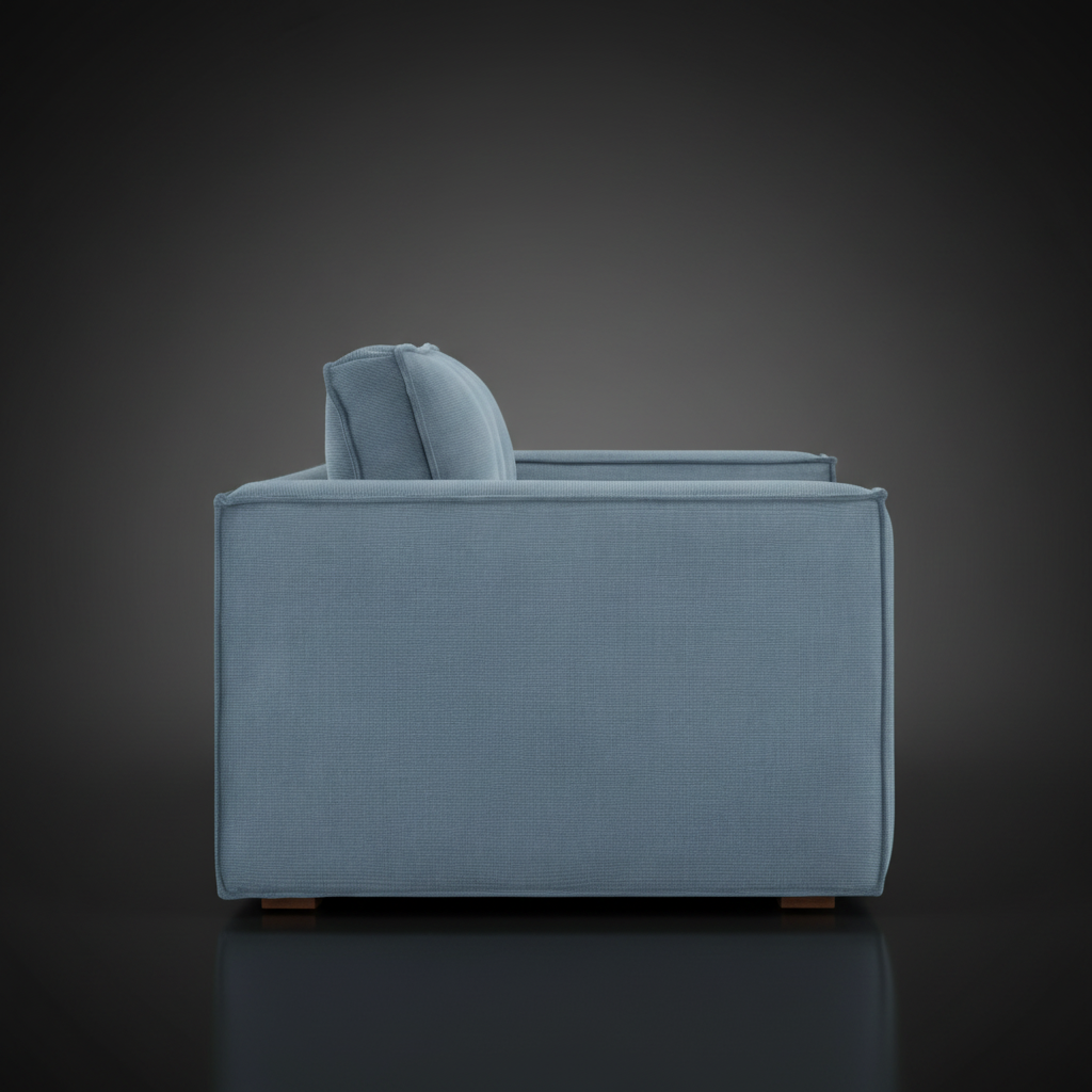 Surya Aira contemporary sofa with navy polyester upholstery and a brown rubber wood base.