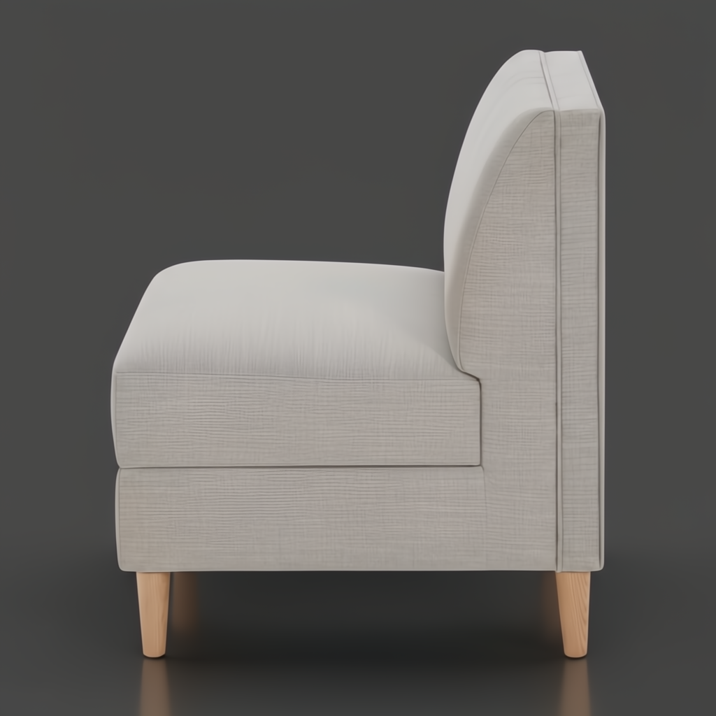 Light gray upholstered Stinson Banquette Chair with natural ash wood base and side cut-out detail.