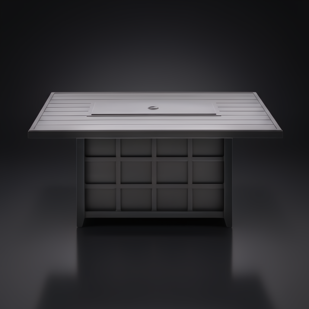 Surya Fairborn black hand-painted aluminum fire table with slatted top and tray cover.