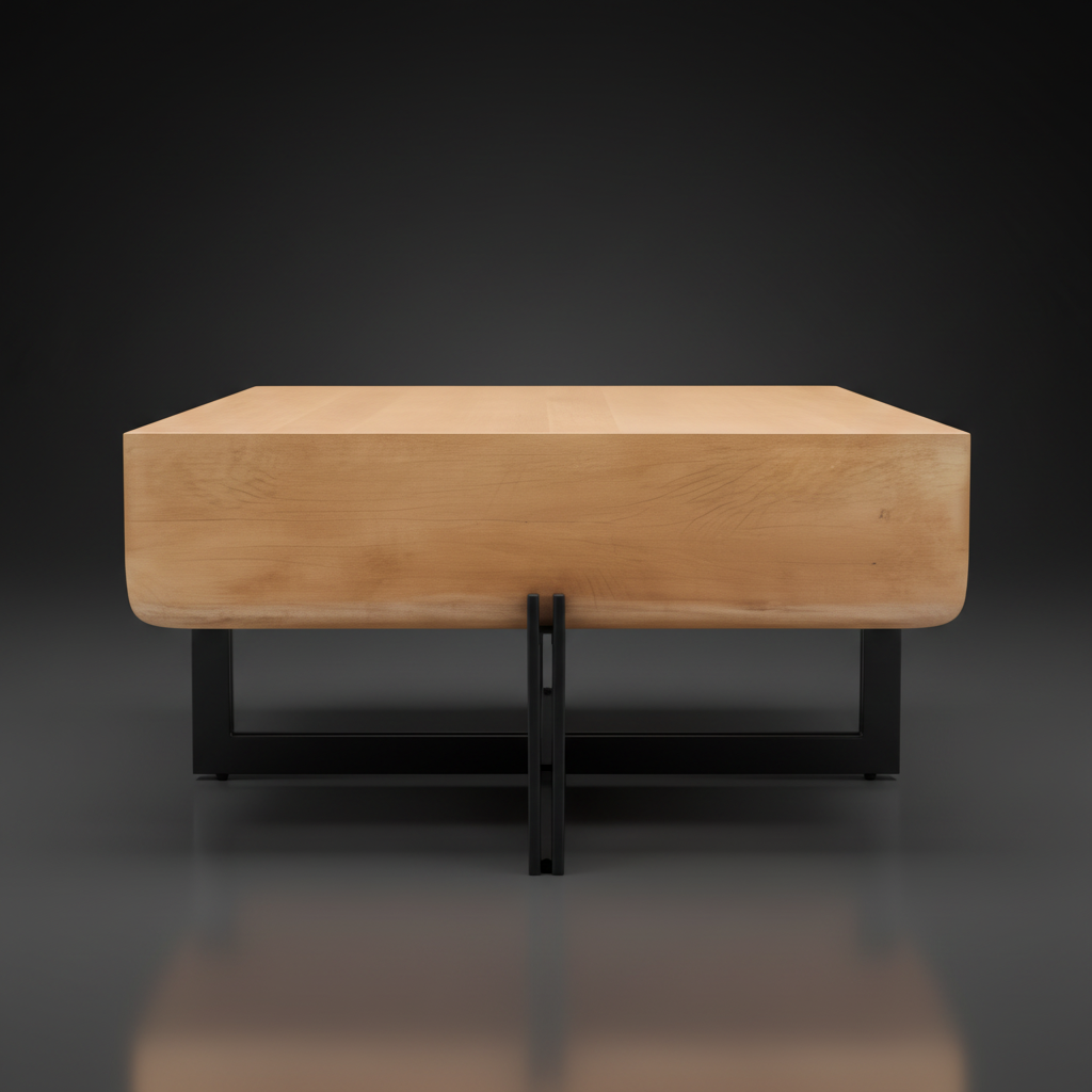 Surya Lowmax coffee table with a light brown mango wood top and black cast iron base.